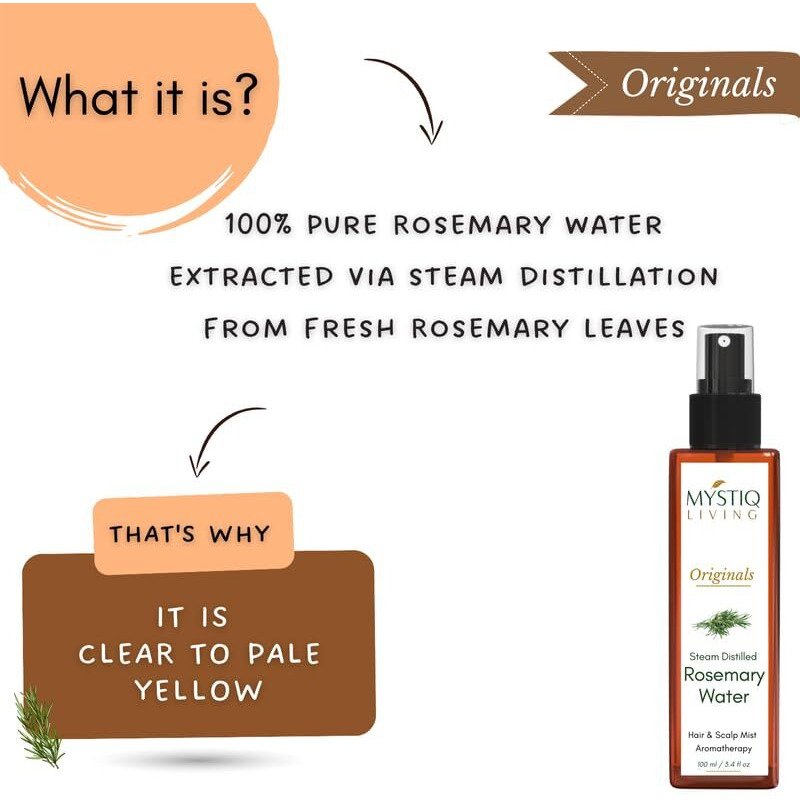 Mystiq Living Rosemary Water, Hair Spray For Regrowth | Steam Distilled 100% Pure And Natural Hydrosol, Hair Mist - 100Ml