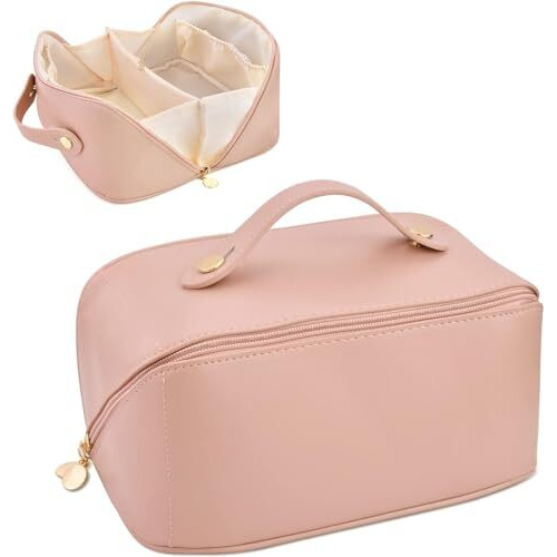 Petrice Cosmetic Travel Organizer, Women's Makeup Pouch Travel Bag Portable Leather Cosmetics Bag With Handle And Divider, Wide Opening Cosmetic/Makeup Organizer (Pink) 11.5 Cms