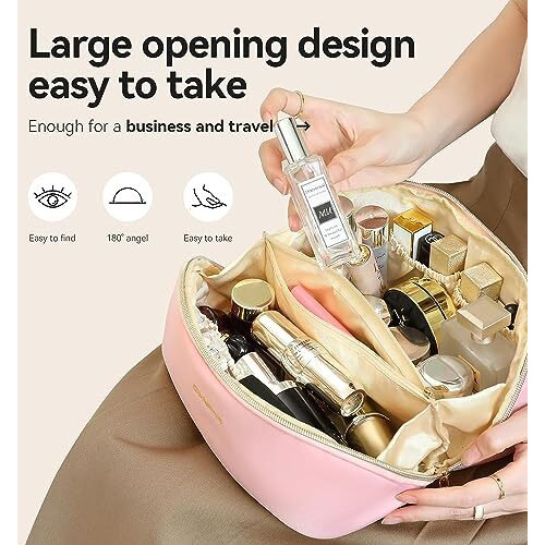 Petrice Cosmetic Travel Organizer, Women's Makeup Pouch Travel Bag Portable Leather Cosmetics Bag With Handle And Divider, Wide Opening Cosmetic/Makeup Organizer (Pink) 11.5 Cms