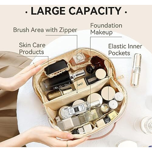 Petrice Cosmetic Travel Organizer, Women's Makeup Pouch Travel Bag Portable Leather Cosmetics Bag With Handle And Divider, Wide Opening Cosmetic/Makeup Organizer (Pink) 11.5 Cms