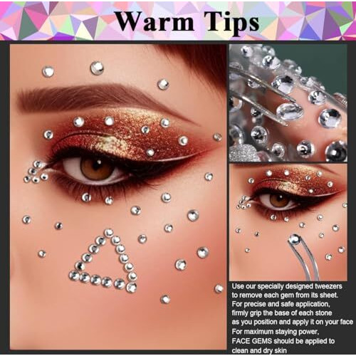 Maycreate 4 Sheet Face Gems Rhinestones Pearl Stickers Kit For Makeup With Tweezer, Self-Adhesive Glitter Color Festival Face Jewels Hair Gems Sticker For Crafts, Nail Art, Clothes Making