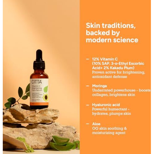 Citta Vitamin C Brightening Face Serum For Glowing Skin | Triple Power Brightening Formula | Vitamin C Serum For Pigmentation | Ascorbic Acid | Kakadu Plum Vitamin C Serum | For All Skin Types | Face Serum | Men & Women | 30 Ml