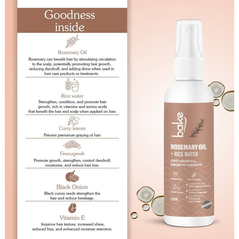 Bake Rosemary Oil Hair Growth Serum Spray With Rice Water & Methi Dana | For Hair Fall, Hair Regrowth & Keratin Treated | Strengthen Hair Follicles | For Women & Men | 100Ml (Rosemary Spray - 100Ml)