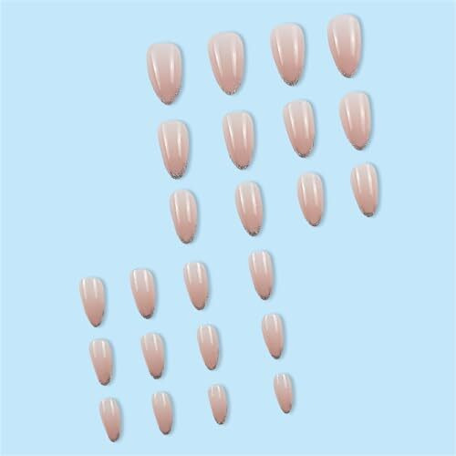 Gloss & Go 24 Reusable Artificial Fake Nail Set| Peach Color With Silver Zari Tip Design Almond Glossy Nails| Lightweight & Long Lasting| Quick Fix For Festivals & Special Occasions