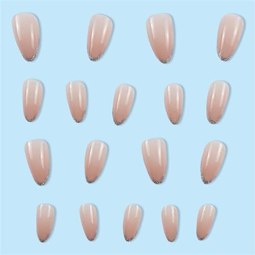 Gloss & Go 24 Reusable Artificial Fake Nail Set| Peach Color With Silver Zari Tip Design Almond Glossy Nails| Lightweight & Long Lasting| Quick Fix For Festivals & Special Occasions