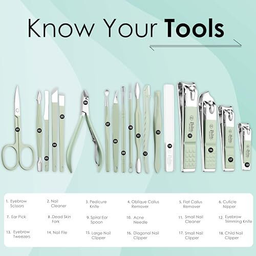 Beaut Secrets Luxury Nail Cutter Set, 18 Pieces Grooming Kit (Eyebrow Razor, Tweezer, Hair Plucker, Baby Nail Cutter, Ear Cleaner,Nail Cleaner,) Pedicure Gift For Men And Women (Green)