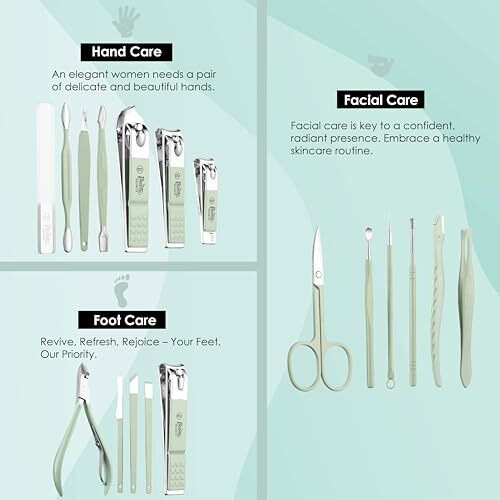 Beaut Secrets Luxury Nail Cutter Set, 18 Pieces Grooming Kit (Eyebrow Razor, Tweezer, Hair Plucker, Baby Nail Cutter, Ear Cleaner,Nail Cleaner,) Pedicure Gift For Men And Women (Green)