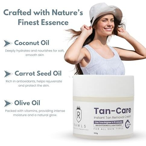 Rawls Tan Care Cream For Instant Tan Removal In 15 Min & Helps To Restore Radiant Glow ,Enriched With Coconut & Carrot Seed Oil, And Olive Oil For All Skin Types - 100 Ml