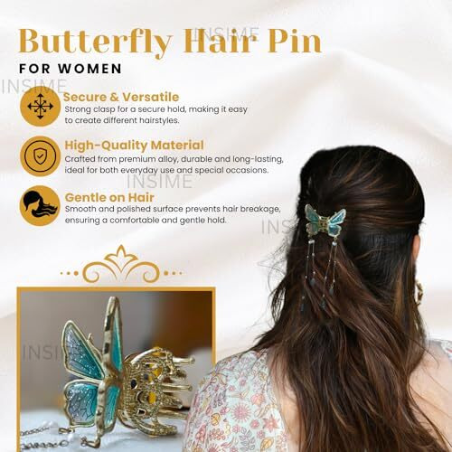 Insime Butterfly Claw Clips For Women - 3D Butterfly Clutcher Hair Style Accessories - 5.5 Inch Tassle Hair Accessories For Women Stylish Wedding (1 Piece)