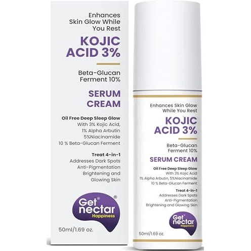 Get Nectar Happiness Glow Serum Cream With 3% Kojic Acid 5% Niacinamide 1% Alpha Arbutin & 25% Beta-Glucan For Dark Spots, Anti-Pigmentation, Brightening, Glowing Skin 50Ml