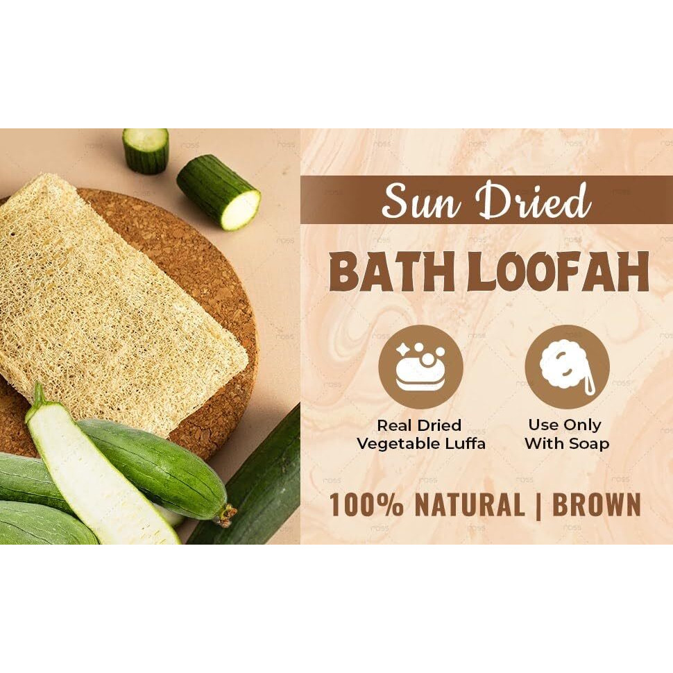 Ross Natural Sun-Dried Loofah | Organic Exfoliating Bath Sponge & Scrubber For Men & Women | Deep Cleansing Luffa For Shower, Skincare & Body Care | Eco-Friendly & Biodegradable (Pack Of 3)