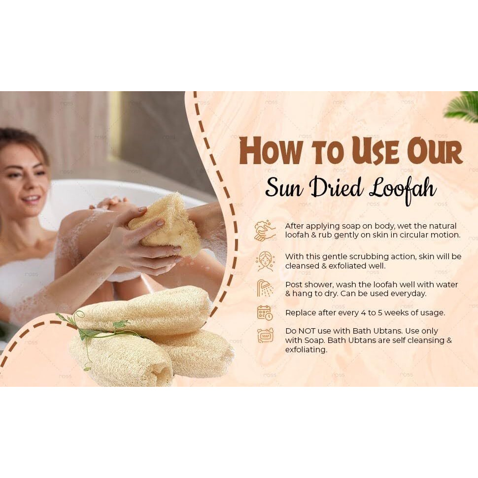 Ross Natural Sun-Dried Loofah | Organic Exfoliating Bath Sponge & Scrubber For Men & Women | Deep Cleansing Luffa For Shower, Skincare & Body Care | Eco-Friendly & Biodegradable (Pack Of 3)