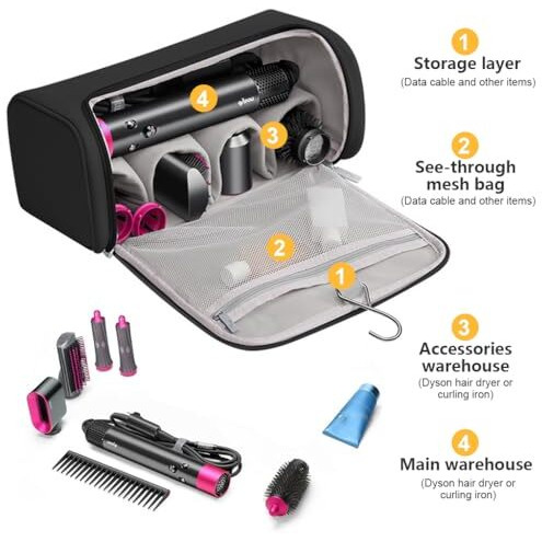Maycreate Travel Storage Bag For Dyson Air Wrap Holder Hair Styler Organizer For Airwrap Attachments Portable Storage Bag With Hanging Hook, Black (Bag Only)
