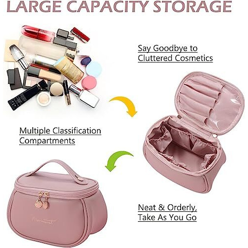 Niwlix Makeup Bag, Portable Cosmetic Bag, Large Capacity Travel Makeup Organizer, Leather Cosmetic Brush Case For Women Toiletry Bag For Girls With Handle And Divider (Light Pink)