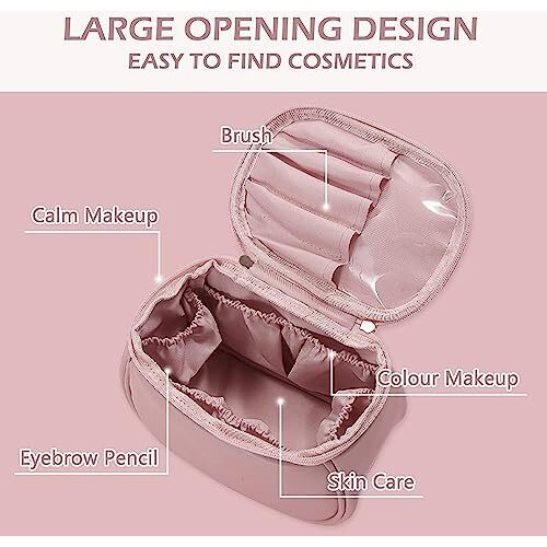 Niwlix Makeup Bag, Portable Cosmetic Bag, Large Capacity Travel Makeup Organizer, Leather Cosmetic Brush Case For Women Toiletry Bag For Girls With Handle And Divider (Light Pink)