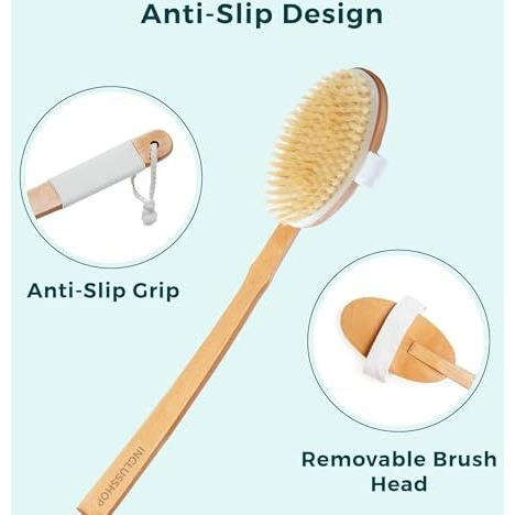 Detachable Wooden Bath Brush With Long Handle - Natural Bristles For 2-In-1 Wet & Dry Brushing Exfoliation, Blood Flow Stimulation - Body Scrubber For Smooth Skin & Reducing All Skin Types (Bath Brush)