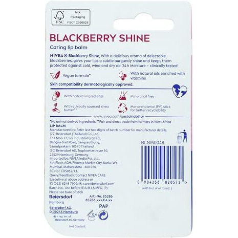 Nivea Blackberry Shine Lip Balm, 4G Blister Pack