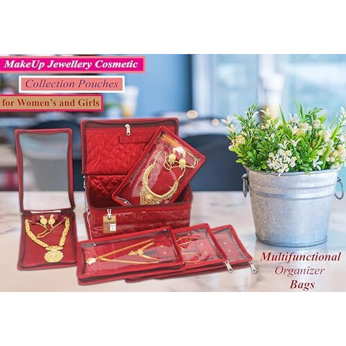 Atorakushon Satin Women's Jewellery Organizer Necklace Pouches Ring Earring Travelling Make Up Kit With 5 Pouch (Maroon)