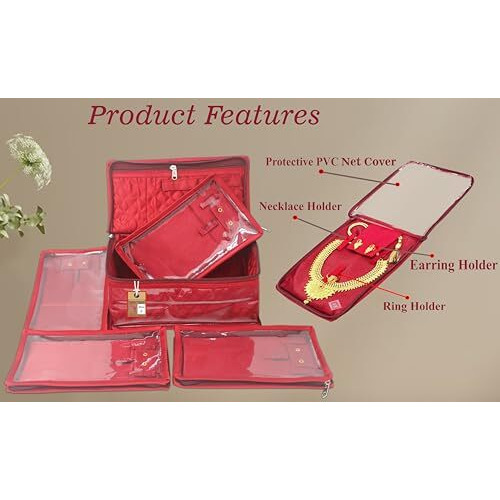 Atorakushon Satin Women's Jewellery Organizer Necklace Pouches Ring Earring Travelling Make Up Kit With 5 Pouch (Maroon)