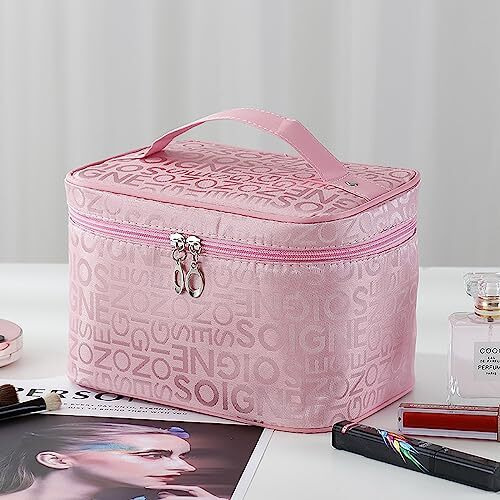 Wolpin Pink Makeup Organizer Pouch Professional Large Cosmetic Kit Storage Travel Toiletry Vanity Bag With Big Compartment, Makeup Brush Holder (22 X 16 X 15 Cm)