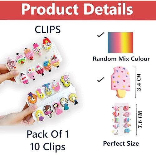 Temperia (1 Pack - 10 Clips) Hair Clips For Girl Kids - Girls Gift Items For Birthday - Cute Hair Clips & Pins Set For Baby & Small Girls - Girl Hair Accessories (Random Colors & Designs) (Mn01)