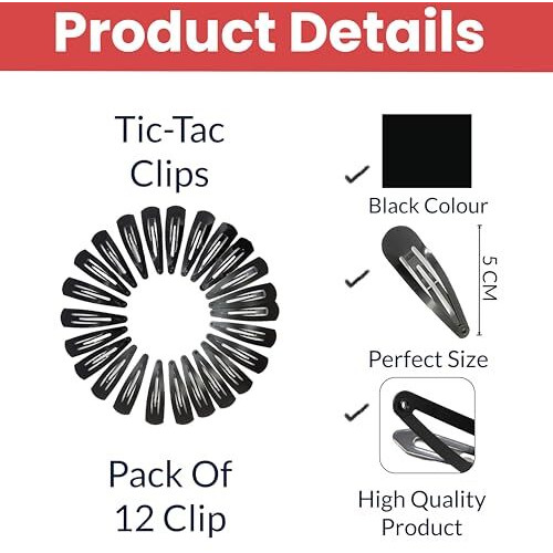 Temperia Tic Tac Hair Clips For Girls (Pack Of 12 Pcs) (5Cm) (Matte Black) - Tik Tak Pins For Women