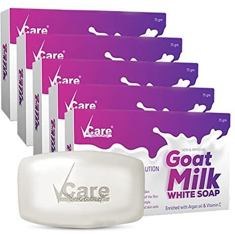 Vcare Goat Milk Soap For Women & Men With Vitamin C Argan Oil For Deep Exfoliation And Provides Hydration | Sulfate & Paraben Free Bathing Soap Bar - 75 Gms (Pack Of 5)