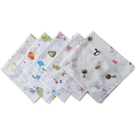 Trance Home Linen Super Soft 100% Cotton Thin Malmal Face Towels | Reusable Hygiene Wash Cloth | Napkin For New Babies | School Use (Small 40X40 Cm, Nursery Designs - Pack Of 5 Pcs), 200 Tc