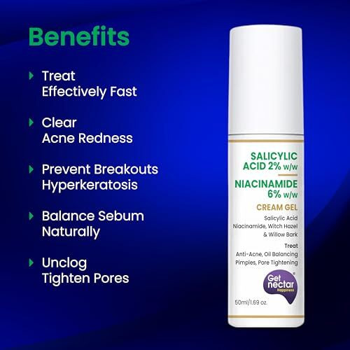 Get Nectar Happiness 2% Salicylic Acid 6% Niacinamide Acne Treatment Gel With Oil-Free For Active Acne, Pimples Oil Balancing, Pore Tightening & Brightens And Smoothens 50Ml