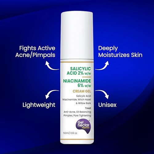 Get Nectar Happiness 2% Salicylic Acid 6% Niacinamide Acne Treatment Gel With Oil-Free For Active Acne, Pimples Oil Balancing, Pore Tightening & Brightens And Smoothens 50Ml