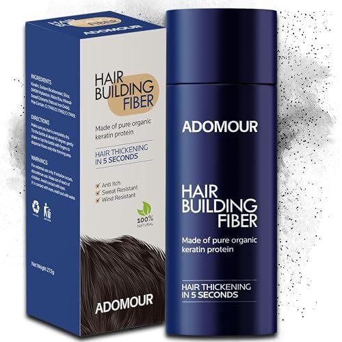 Adomour Hair Building Fiber (27.5G)  Natural-Looking Coverage | Keratin Fibers For Thinning Hair & Bald Spots | Instant Thickening For Men & Women | Black