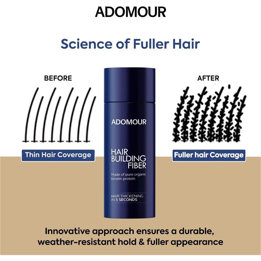 Adomour Hair Building Fiber (27.5G)  Natural-Looking Coverage | Keratin Fibers For Thinning Hair & Bald Spots | Instant Thickening For Men & Women | Black