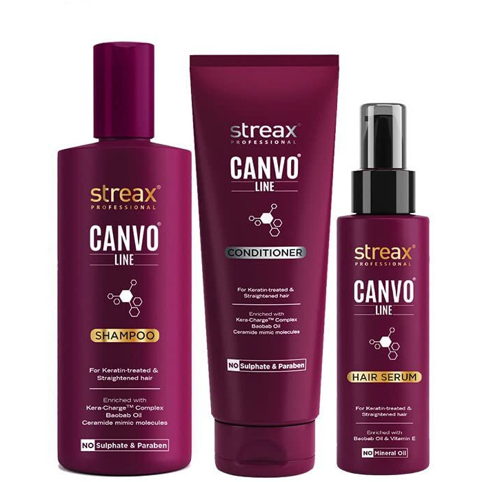 Streax Professional Canvoline Complete Hair Care Combo For Straightening Hair (Streax Canvoline Shampoo 300Ml + Conditioner 240Ml + Serum 100Ml) Pack Of 3
