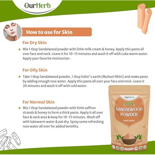 Ourherb Sandalwood Powder Face Pack For Glowing Skin & Tan Removal - Pure, Natural, And Effective Facial Care With Santalum Album Chandan Powder  100G | 3.5 Oz