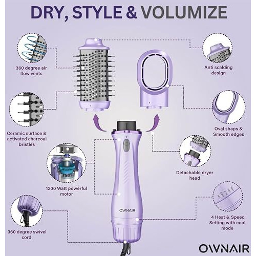 Ownair Pro Hair Dryer & Straightener, Hot Air Brush, 4 Heat & Speed Modes, Cool Shot, 1200W, Purple