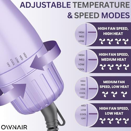 Ownair Pro Hair Dryer & Straightener, Hot Air Brush, 4 Heat & Speed Modes, Cool Shot, 1200W, Purple