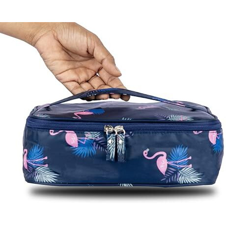 Skaiv Small Portable Travel Cosmetic Bag Organizer Nylon Make Up Pouch Kit For Women (Navy Blue - Flamingo)