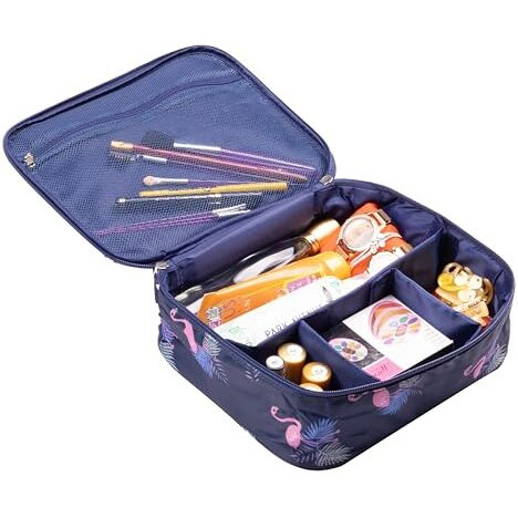Skaiv Small Portable Travel Cosmetic Bag Organizer Nylon Make Up Pouch Kit For Women (Navy Blue - Flamingo)