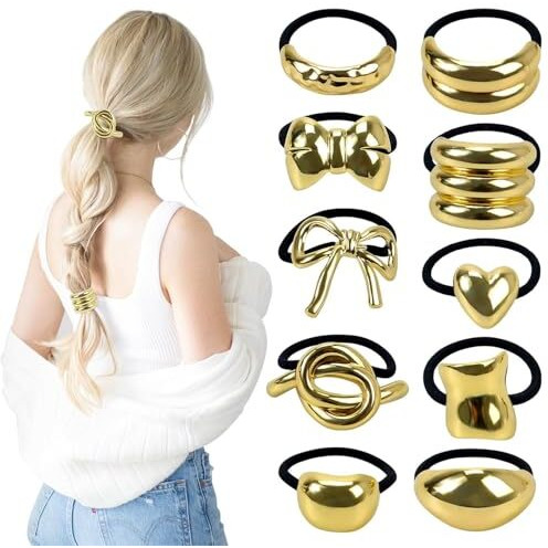 Diversa Metal Ponytail Hair Cuffs For Girls & Women, Glossy Elastic Ponytail Holders, Geometric Design, Hair Accessories Fashion Rubber Bands, Random 3 Pcs, Gold, Pack Of 3