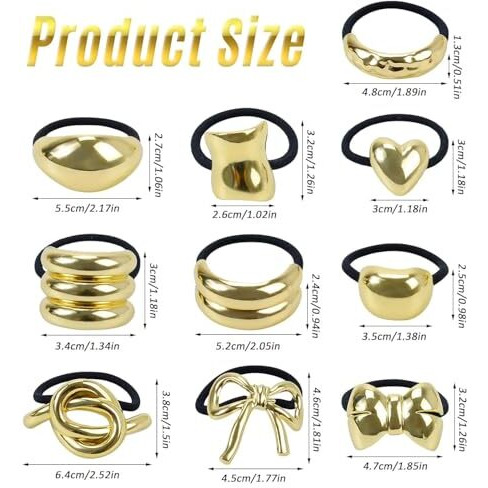 Diversa Metal Ponytail Hair Cuffs For Girls & Women, Glossy Elastic Ponytail Holders, Geometric Design, Hair Accessories Fashion Rubber Bands, Random 3 Pcs, Gold, Pack Of 3
