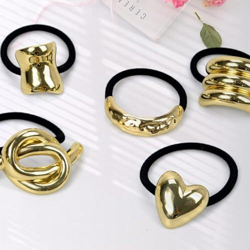 Diversa Metal Ponytail Hair Cuffs For Girls & Women, Glossy Elastic Ponytail Holders, Geometric Design, Hair Accessories Fashion Rubber Bands, Random 3 Pcs, Gold, Pack Of 3