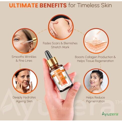 Ayuzera Seabuckthorn Oil 10Ml | Face And Hair Serum | Sea Buckthorn Nourishing Oil | Omega 3,6,7 & 9 | Collagen Boosting | For Dull Skin & Fine Lines & Dark Spots | For Smooth, Glowing Skin (Pack Of 1)