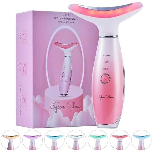 Igloo Glow 7-In-1 Led Light Therapy Facial Massager  Face & Neck Beauty Device With Heat, Vibration & Anti-Aging Benefits  Home Spa Tool With 1-Year Warranty (Pink)