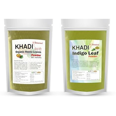 Khadi Omorose Indigo Powder & Heena Powder For Hair Natural Dye (100 Grams Each) | Total 200 Grams | Pure And Natural