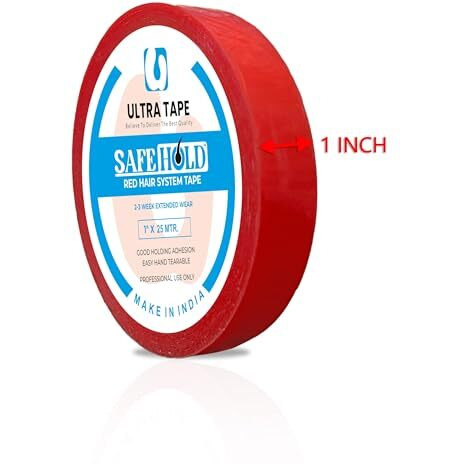 Safehold Hair Patch Red Tape| Hair Wig Red Tape | Ultra Hold Tape | Double-Sided Hair Patch Red Tape | Cotton-Cloth Red Tape | Waterproof | Maximum Hold Upto 2 Weeks (Red, 1 Inch, 25 Metre)(Pack Of 1)