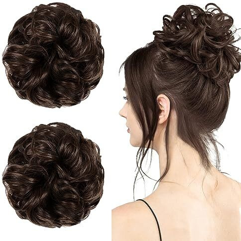 Temperia Hair Accessories For Women Stylish - Juda Hair Buns - Messy Bun Hair Extension - Artificial Fake Donuts Maker Scrunchies - With Elastic Rubber Band - Natural Brown - 2 Pc - (25Gr)