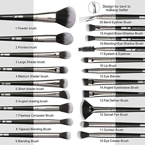 Maange Makeup Brush Set 20 Pcs Foundation Eyeshadow Blush Brush Kabuki Blending Concealers Face Powder Eye Make Up Brushes Set Kit (Black Silver)