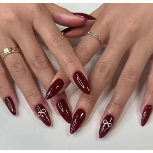 Happy Fingers Fake Nails  (Pack Of 12) Handmade Almond Shape With Bow Artificial Nails For Girls | Pre-Designed Reusable Press-On Nail Tips | Decorative Colored Nails (Cherry Red)