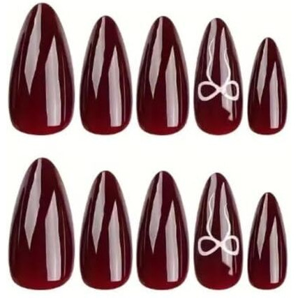 Happy Fingers Fake Nails  (Pack Of 12) Handmade Almond Shape With Bow Artificial Nails For Girls | Pre-Designed Reusable Press-On Nail Tips | Decorative Colored Nails (Cherry Red)