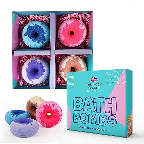 The Body Bucket - Aqua, Rose, Lavender & Vanilla Donut Bath Bombs | All Natural Handcrafted With Aromatic Fragrance - Bath Gift For Kids, Men & Women 65 Gm Each (Pack Of 4)